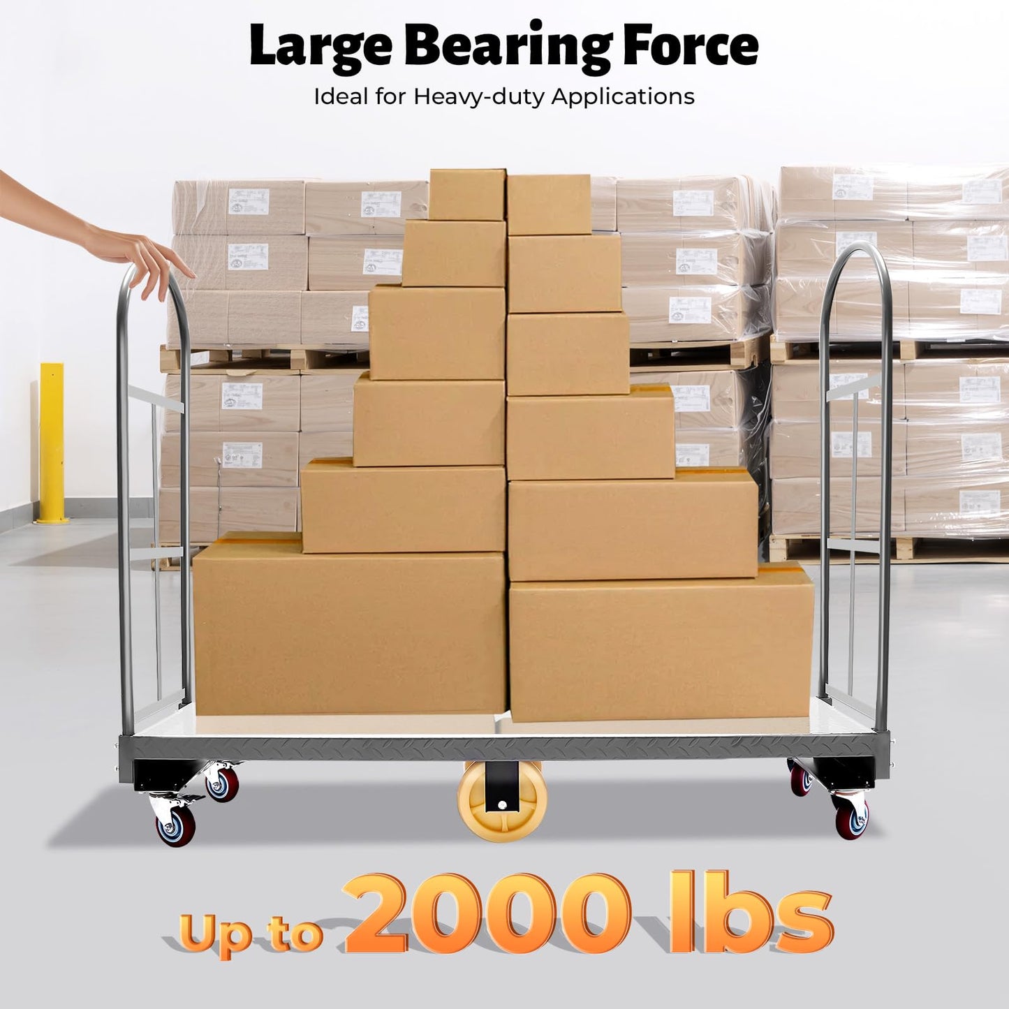 U-Boat Steel Platform Truck Cart, 64.6" x 15.7" Flatbed Push Cart with 6 Wheels, 2000 lbs Capacity & Removable Handles for Warehouse Garage Storage Heavy Load Transport