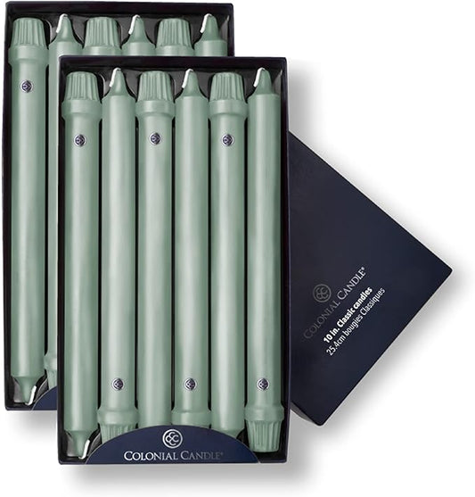 Colonial Candle Unscented Taper Candle, Classic Collection, Colonial Classic Green, 10 In, Pack of 12 - Up to 8 Hours Burn