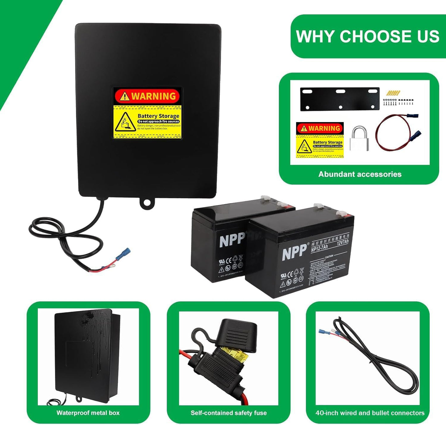 2025 New Upgraded Steel Battery Box with 2 Batteries Kit(12V 7AH Lead-Acid), for 12/24V Driveway Swing Gate Opener, Upgraded ABBT Battery Box Kit (Kit with 2 Batteries)