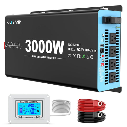 24V 3000 Watts Pure Sine Wave Inverter 24V DC to 110V AC, 6000W Peak Power, 4 AC Outlets, USB & Type-C Port, Adjustable Input for Lithium Battery, Solar/RV/Truck Backup with LCD Remote