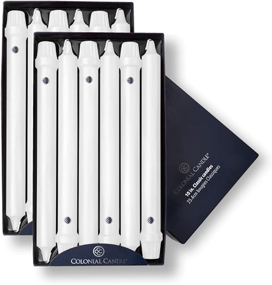 Colonial Candle Unscented Taper Candle, Classic Collection, White, 10 In, Pack of 12 - Up to 8 Hours Burn