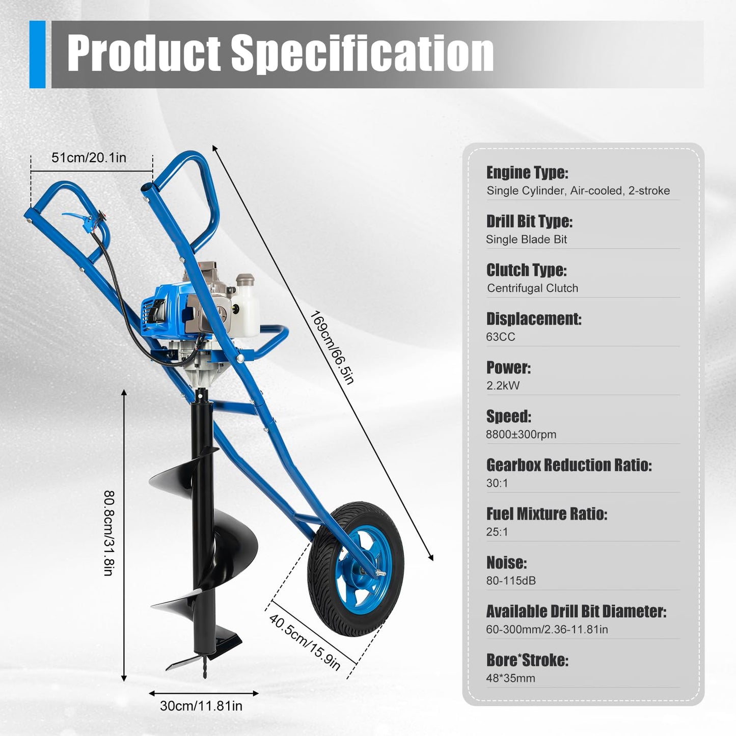 63CC 2-Stroke Post Hole Digger, 3HP Gas Powered Earth Auger Borer Ground Drill Gasoline Earth Auger Wheelbarrow with 11" Bit for Fence Ground Drill Garden Tree Planting (Blue)
