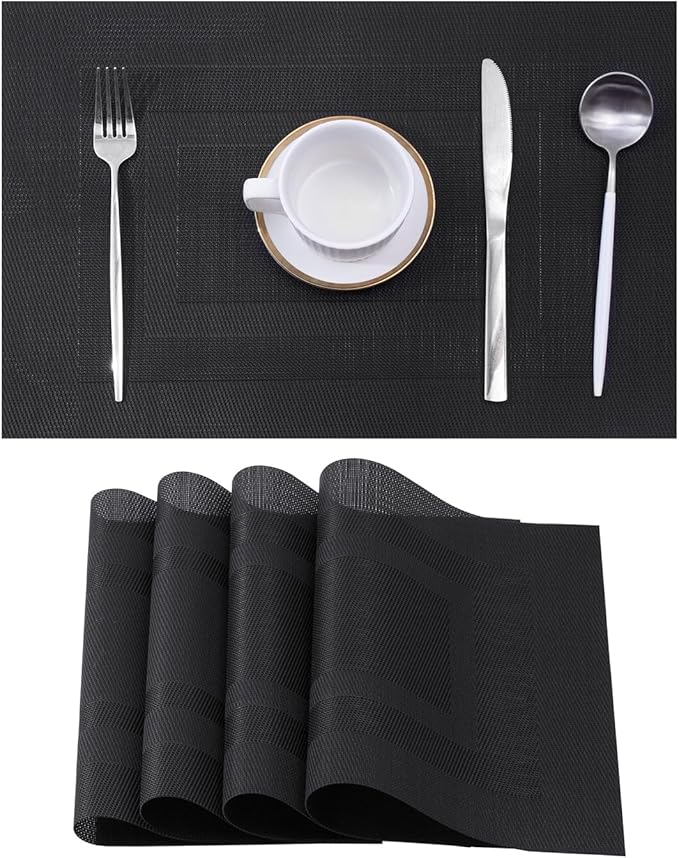 Leetaltree Black Frame Placemats Set of 4 - Heat Resistant Non-Slip Place mats for Dining Table, Washable Durable PVC Vinyl Woven Table Matsï¼Black Frame, 4ï¼