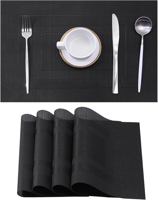 Leetaltree Black Frame Placemats Set of 4 - Heat Resistant Non-Slip Place mats for Dining Table, Washable Durable PVC Vinyl Woven Table Matsï¼Black Frame, 4ï¼