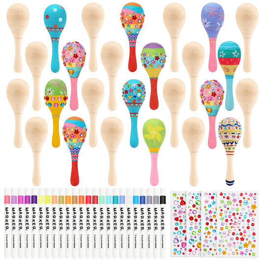 60 PCS Mini Wooden Maracas for Kids, Unfinished DIY Maracas with Multicolor Pens and Gem Stickers for Mexican Fiesta Cinco De Mayo Painting Shakers Baby Musical Toys Birthday Party Favor Supplies