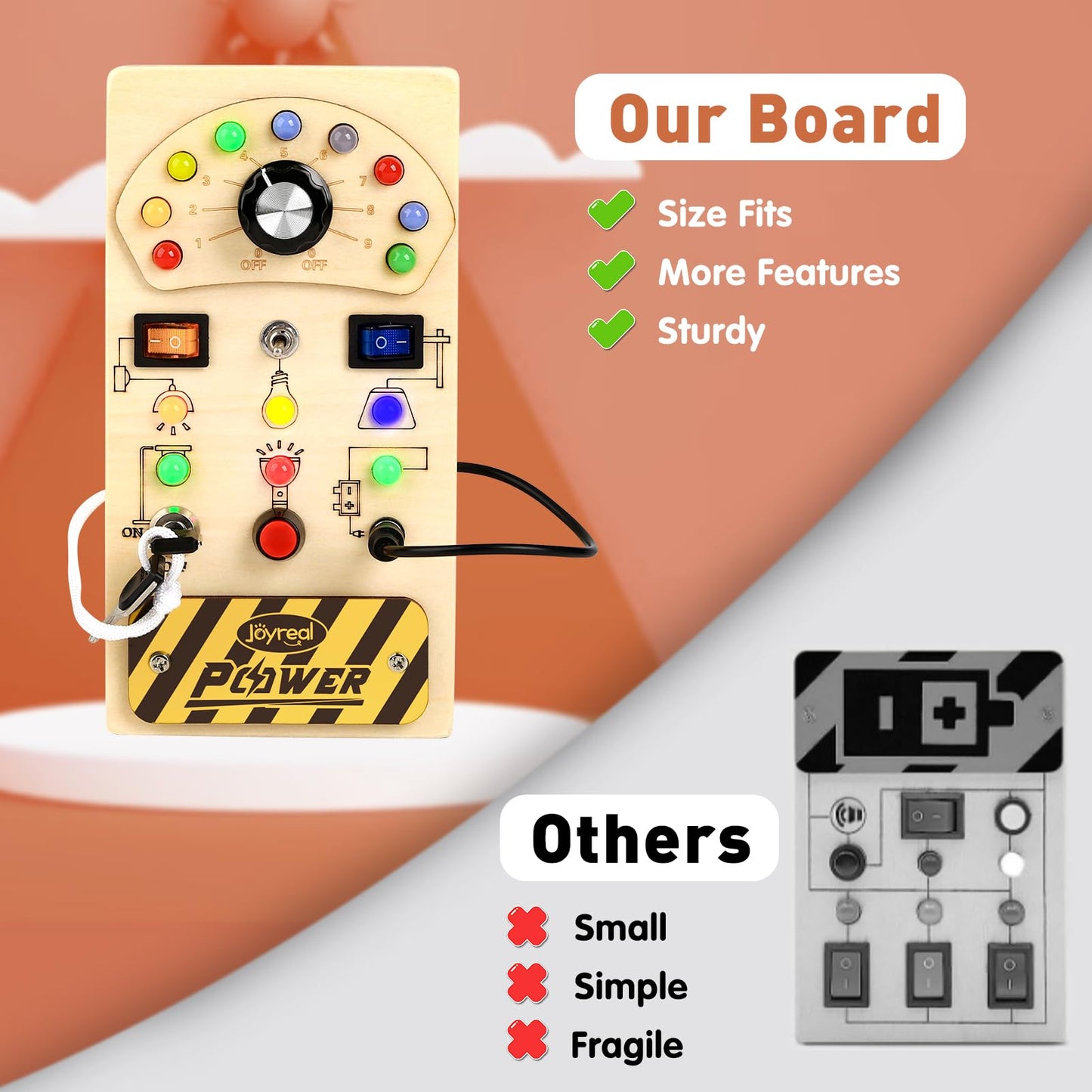 Joyreal Toddler Busy Board, Wooden Montessori Busy Board Sensory Board with LED Light Switch, Sensory Toys Baby Fidget Board Travel Toys for Toddler