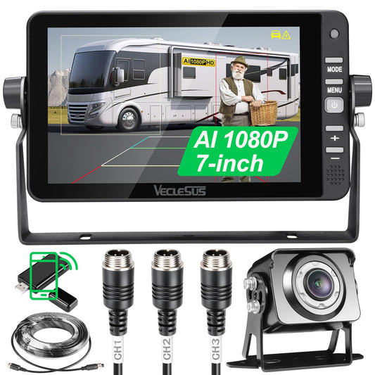 Backup AI Camera for Trucks,VAS Wire Reversing AI Camera System 7-inch 1080P HD Monitor 3 Video 2 Audio Inputs with Automatic Pedestrian&Vehicle Detection,Adjustable Reverse Guidelines
