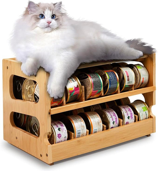 Coanto Cat Food Can Organizer for Pantry, Bamboo 2-Tier FIFO Rotating Can Dispenser, Holds 36 (3oz) Wet Cat Food Cans, Stackable Storage Shelf for Kitchen Cabinet