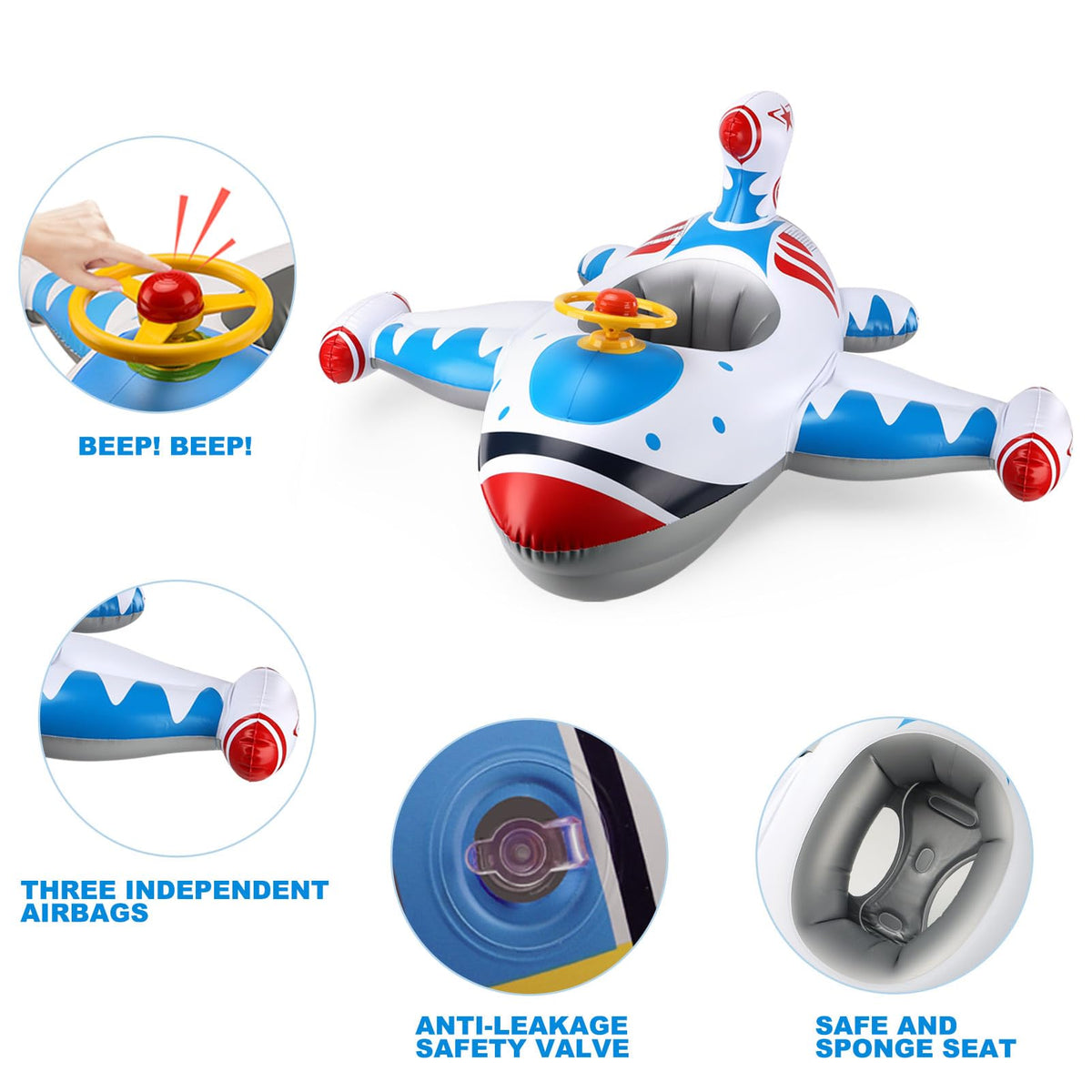 Swimbobo Toddler Pool Float with Seat Boat Inflatable Ride-on Airplane Baby Floatie for Kids Outdoor Toys(White Airplane)