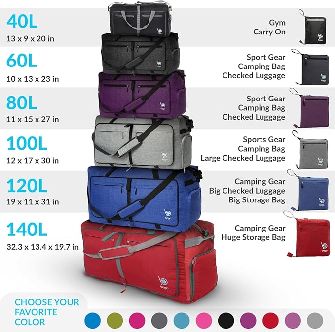 Bago Foldable Duffel Bags for Traveling Women & Men - 60L Medium Packable Duffle Bag for Travel with Shoe Compartment - Water Repellant, Heavy Duty, Lightweight Folding & Collapsible (Red)