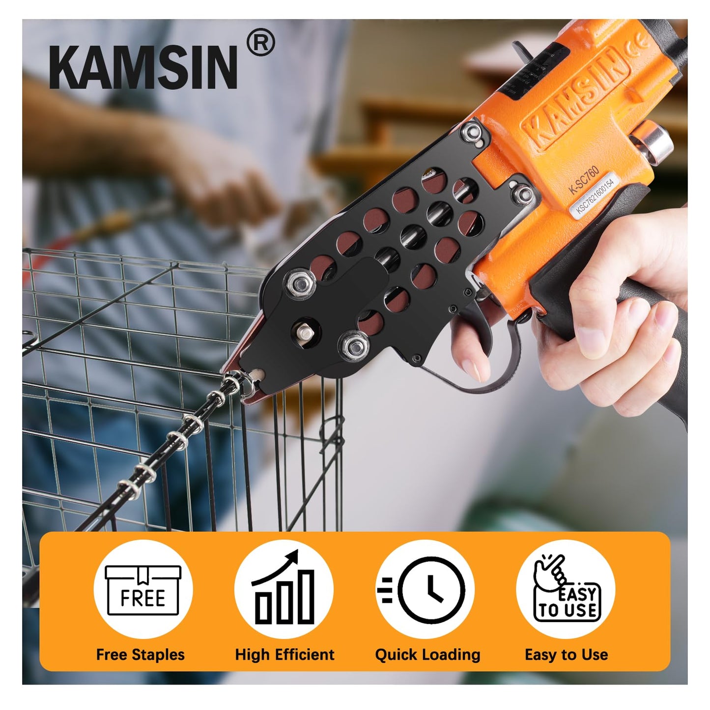 KAMSIN K-SC760 16 Gauge Pneumatic Hog Ring Gun with 1000PCS Hog Ring Staples, 1/2-Inch Crown, 3.0-4.8mm Closure Diameter Hog Ring Pliers C Ring Gun for Mattress, Fencing, Wire Cages