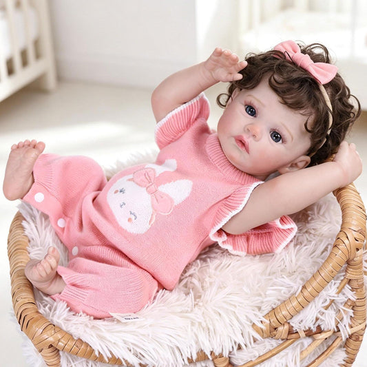 Tookyhill 16 Inch Lifelike Reborn Baby Doll, Full Vinyl Body, Poseable Limbs, Pink Knit Outfit & Plush Bear Toy, Realistic Newborn Doll Gift for Toddler Girls Age 3+ (Brown Bear)