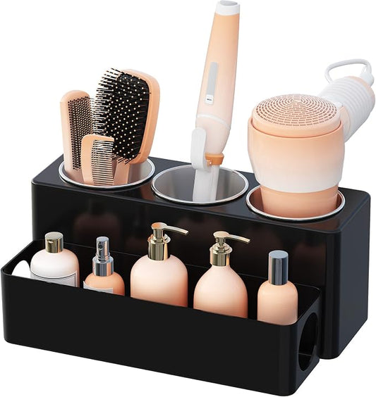 Lifewit Hair Tool Organizer Countertop, Removable Blow Dryer Holder for Bathroom, Acrylic Hot Tools Organizer Storage for Curling Iron, Brush, Straightener, 3 Stainless Cups, Black, 30 cm/12 inch(L)