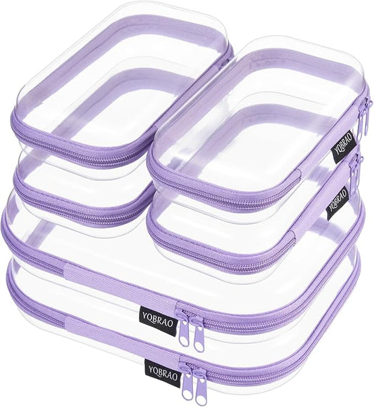 6 Pack Purple Clear Hard Shell Beauty Organizer (2M+4S), 1.2mm Heavy Duty Crush-Proof Cosmetic Case, Reinforced YKK Zippers, Stadium Approved Security Bag for Skincare & Electronics, Multi-Size Set