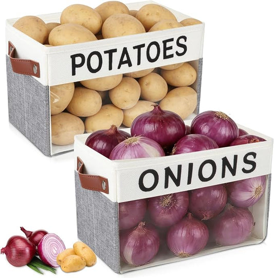 2 Pack Onion and Potato Storage Bins,Portable Vegetable Storage Basket with Handles,Large Kitchen Storage Container for Onion, Potato, Fruit, Vegetables,Countertop Kitchen Organization Container