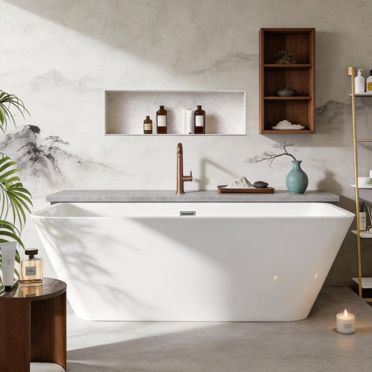 59" Freestanding Acrylic Soaking Tub,Large Freestanding Bathtub with Non-Slip Surface, Overflow and Drain Included, Freestanding Bathtub with Chrome Drain, Deep Stand-Alone Tub for Relaxing Home Spa