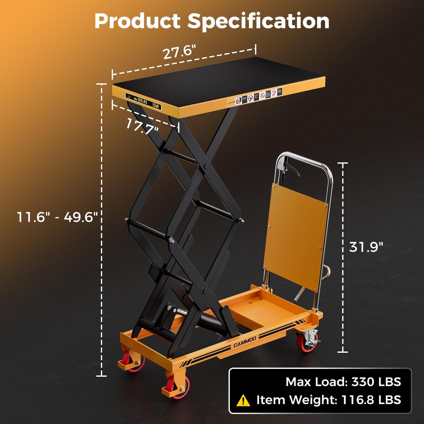 CAMMOO Hydraulic Lift Table Cart, 330lbs Capacity 49.6" Lifting Height, Double Scissor Lift Table with Non-Slip Pad & Safety Guard for Material Handling & Transportation, Yellow