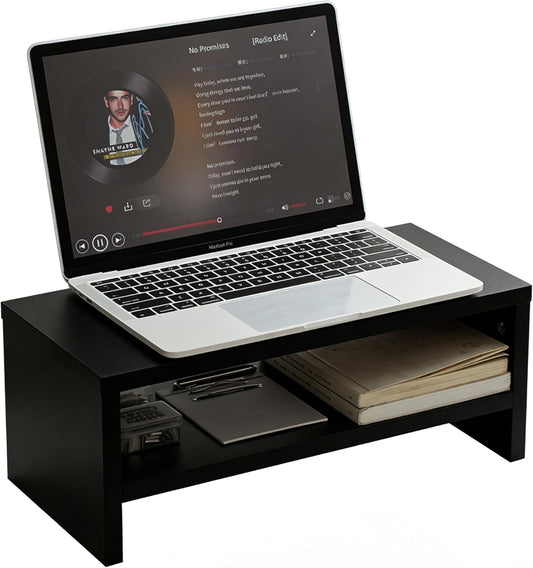 2-Tier 15.7 Inch Wooden Monitor Stand Riser, Desk Shelf with Storage Organizer, Ergonomic Computer Stand, Storage