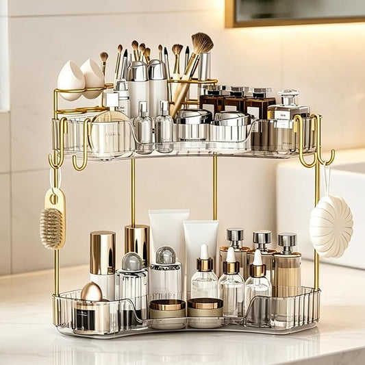 2-Tier Corner Bathroom Counter Organizer，Makeup & Skincare Shelf with Built-in Brush Holder，Space-Saving Bathroom Countertop Organizer for Skincare, Perfume, Cosmetics(Clear)