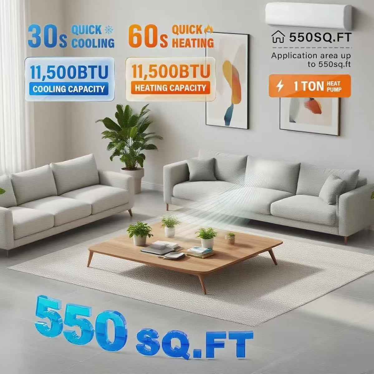 11500 BTU WiFi Enabled Mini Split Air Conditioner & Heater, 208/230V Heat Pump with Pre-Charged Condenser, 17 SEER2 Inverter Ductless Wall Unit & Installation Kit for Home Use