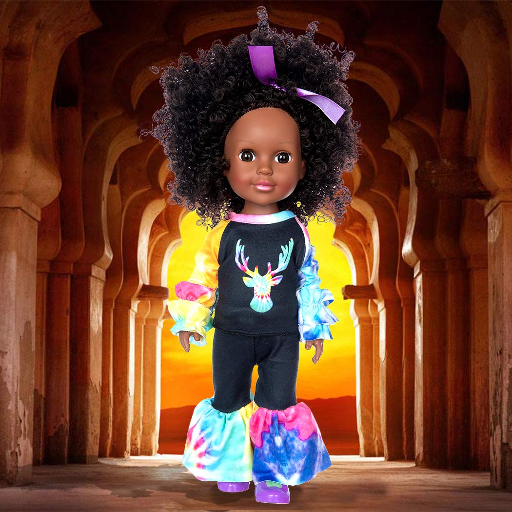 iBayda 14.5 Inch African-American Silicone Baby Doll - Realistic Black Girl Doll with 2 Outfits, Shoes, Backpack, Camera, Glasses & Phone Accessories (Washable)