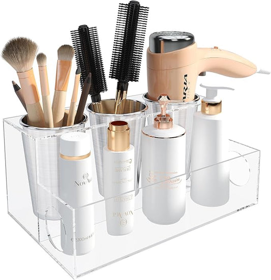 Hair Tool Organizer, Clear Acrylic Hair Dryer Holder with Insulated Cup, Bathroom Supplies Countertop Blow Dryer Holder, Vanity Caddy Storage Stand for Accessories, Makeup, Toiletries