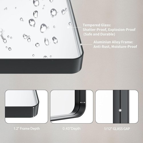 LOAAO Black Metal Framed Bathroom Mirror - 38x38 Inch Rounded Rectangle, Anti-Rust, Versatile Hanging Options