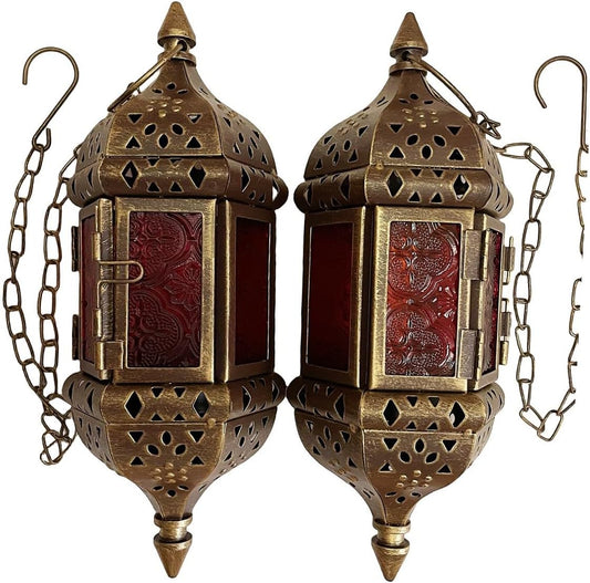 Skiennix Moroccan Decorative Candle Lantern - Metal Hanging Tealight Holder | Vintage Bronze Gold, 13.8 Inches