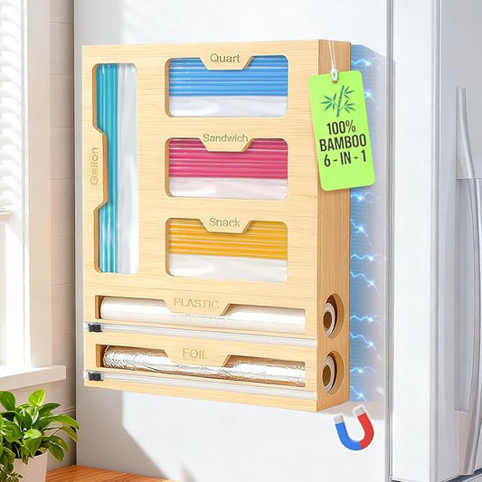 Magnetic Storage Bag Organizer 6 In 1 Ziplock Bag Organizer for Fridge and Drawer, Foil and Plastic Wrap Organizers with Cutter, Food Storage Bags Organizers for Gallon Quart Sandwich Snack