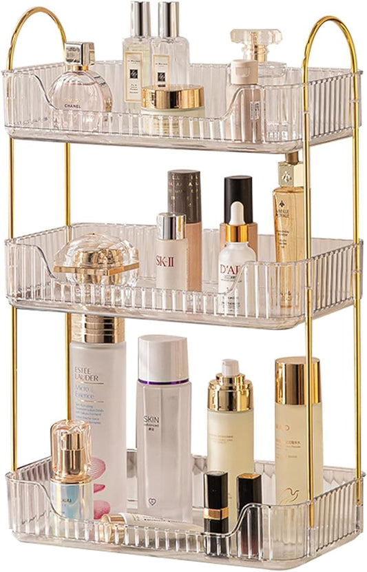 shuang qing Bathroom Counter Organizer Countertop Storage, Cosmetics Skincare Shelf, Makeup Organizer Perfume for Dresser Vanity Tray, Spice Rack for Kitchen(3 Tier-Clear)