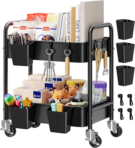 2 Tier Small Rolling Cart Metal with Wheels, Black Under Desk Storage Carts on Wheels, Short Utility Roller Shelf Trolley Organizer for Pantry, Kitchen, Office, Two Tiered Mobile Side Table, 22in Tall