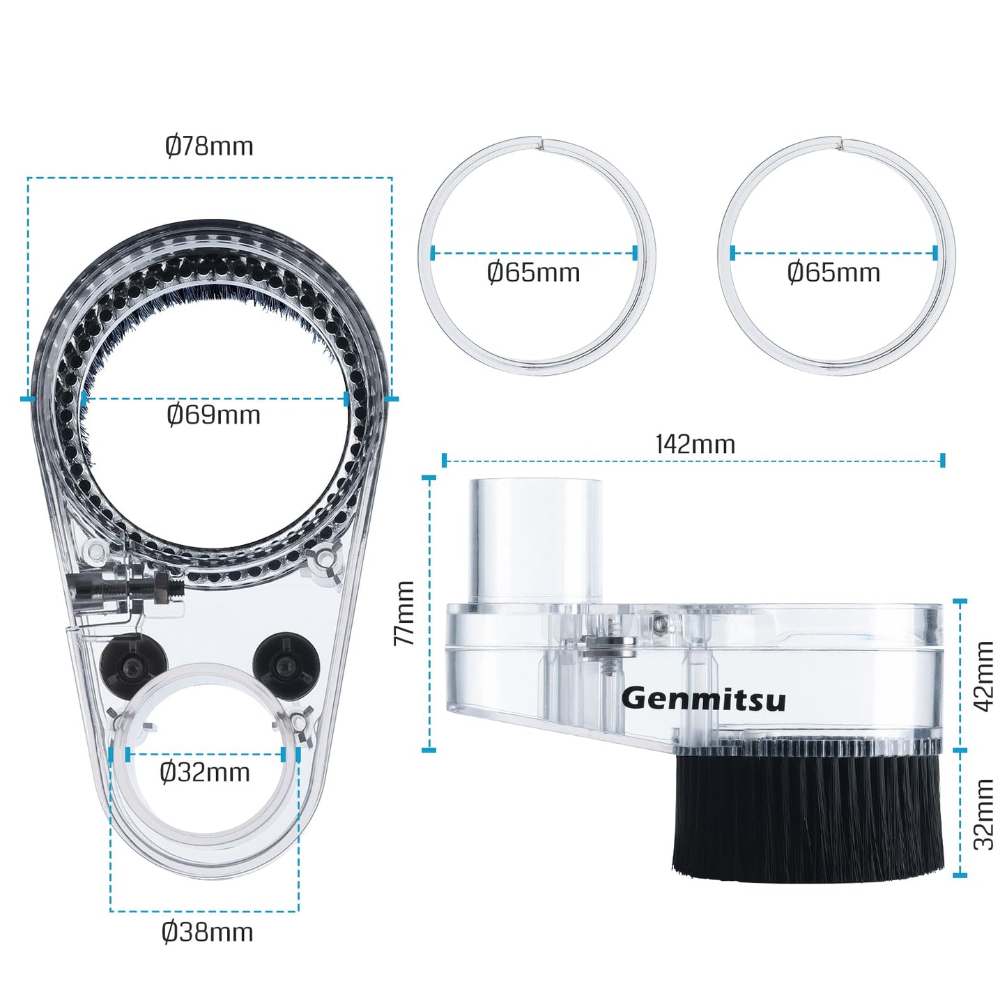 Genmitsu 65mm & 69mm CNC Dust Shoe, Compatible with Most 65mm/69mm Spindle Motor and Compact Router, Hose Adapter Inner Diameter 38mm (1.5″), Transparent