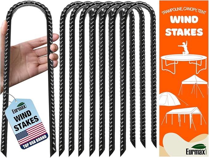 Eurmax USA Ground Anchors, Heavy Duty Ground Stakes, Trampoline Stakes, Tent Stakes Anchor Kit for High Wind, 12” Galvanized Steel Rebar Stakes, Metal Stakes, Trampoline Accessories,Pack of 8(Black)