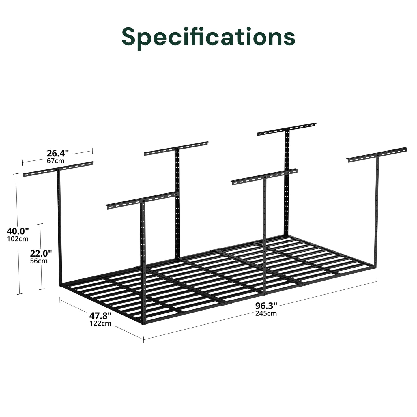 SunsGrove 4x8 Overhead Garage Storage Rack Organization, Adjustable Ceiling Mounted Storage Racks, 800LBS Weight Capacity, 22"-40" Ceiling Dropdown, Hammertone Black