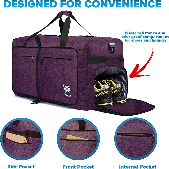 Bago Big XXL Foldable Duffel Bags for Traveling Women & Men - 140L Packable Duffle Bag for Travel with Shoe Compartment - Water Repellant, Heavy Duty, Lightweight Folding & Collapsible (SnowDepPurple)