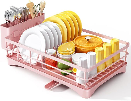 SNTD Dish Drying Rack for Kitchen Counter - Large Dish Rack with Drainboard, Rustproof Dish Drainer with Utensil Holder for Sink, Pink