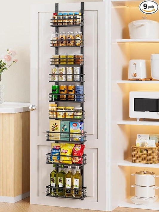 Delamu 9-Tier Over the Door Pantry Organizer, Adjustable Pantry Door Organizers and Storage, Metal Hanging Basket Wall Spice Rack Seasoning Organizer, Door Organizer Kitchen Bedroom Bathroom,12"Black