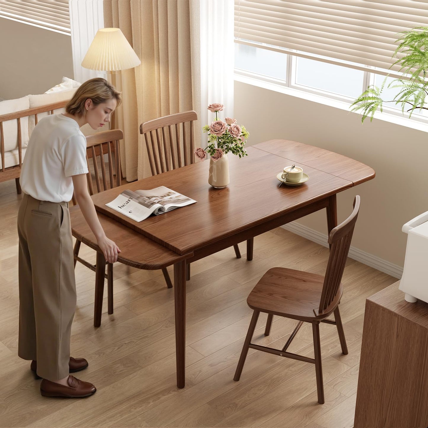 DONGMUWUJEE Solid Wood Extendable Dining Table for 4-8, 47.2” to 70.8” Expandable Table, Easy Assembly Extendable Dining Room Table, 3-in-1 Design, Ideal for Dining Room, Kitchen, Living Room (Walnut)