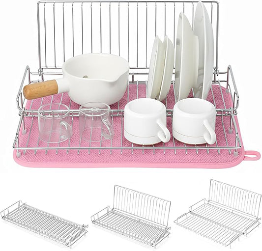 Collapsible Dish Drying Rack, 304 Stainless Steel Foldable Dish Rack with Drying Mat, 15.8" x 12.7" Space Saving Countertop Organizer for Small Kitchen, Dorm and Apartment, Silver