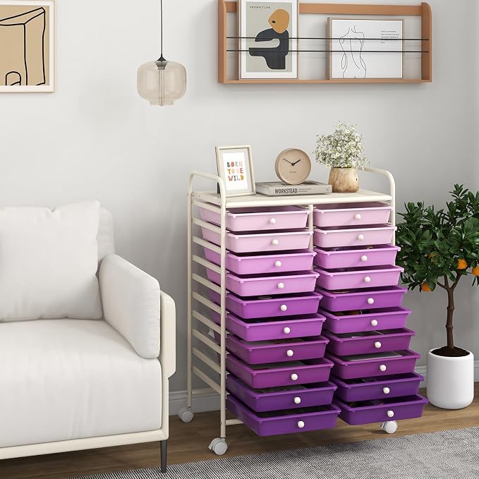 Giantex 20 Drawers Rolling Cart, Mobile Storage Drawer Cart, Classroom Organizer Cart for Office School Supplies Tools Scrapbook Paper Craft Small Printer, Utility Cart on Wheels, Gradient Purple