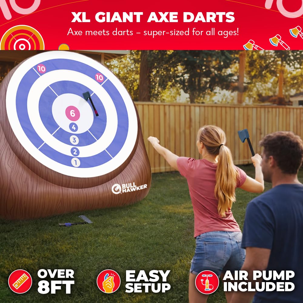 Swooc Games® - XL Bull Hawker™ | Giant Axe Darts (Over 8ft Tall) w/ 15+ Games | Axe Throwing Game for Backyard w/Air Pump | Outdoor Games for Adults and Family | Carnival Game | Throwing Yard Fun