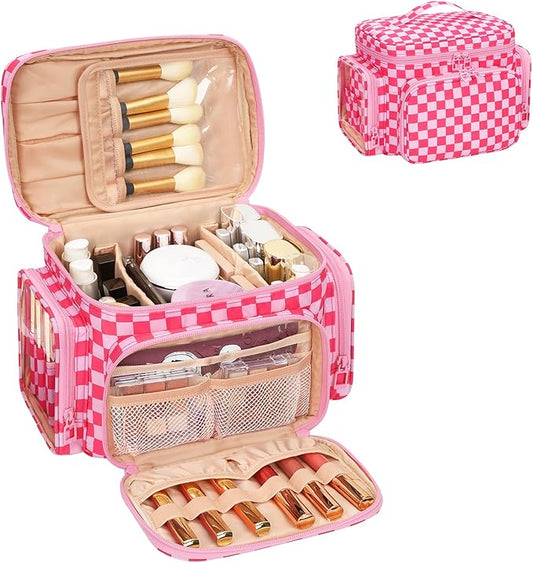 Bagmoly Large Checkered Makeup Bag, Travel Makeup Bag Organizer for Women Girls with Makeup Brush Compartment & Two Side Pockets, Cosmetic Travel Bag Vertical Storage Toiletry Bag- Hotpink