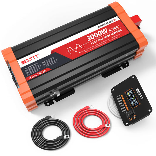 BELTTT 3000W Pure Sine Wave Inverter 12V DC to 120V AC for Solar, Off-Grid, RV, Truck, Home, Power Inverter with Dual AC, 20A Socket, 5V 2.1A USB, Hardwire Port, Remote Controller 23Ft Cable