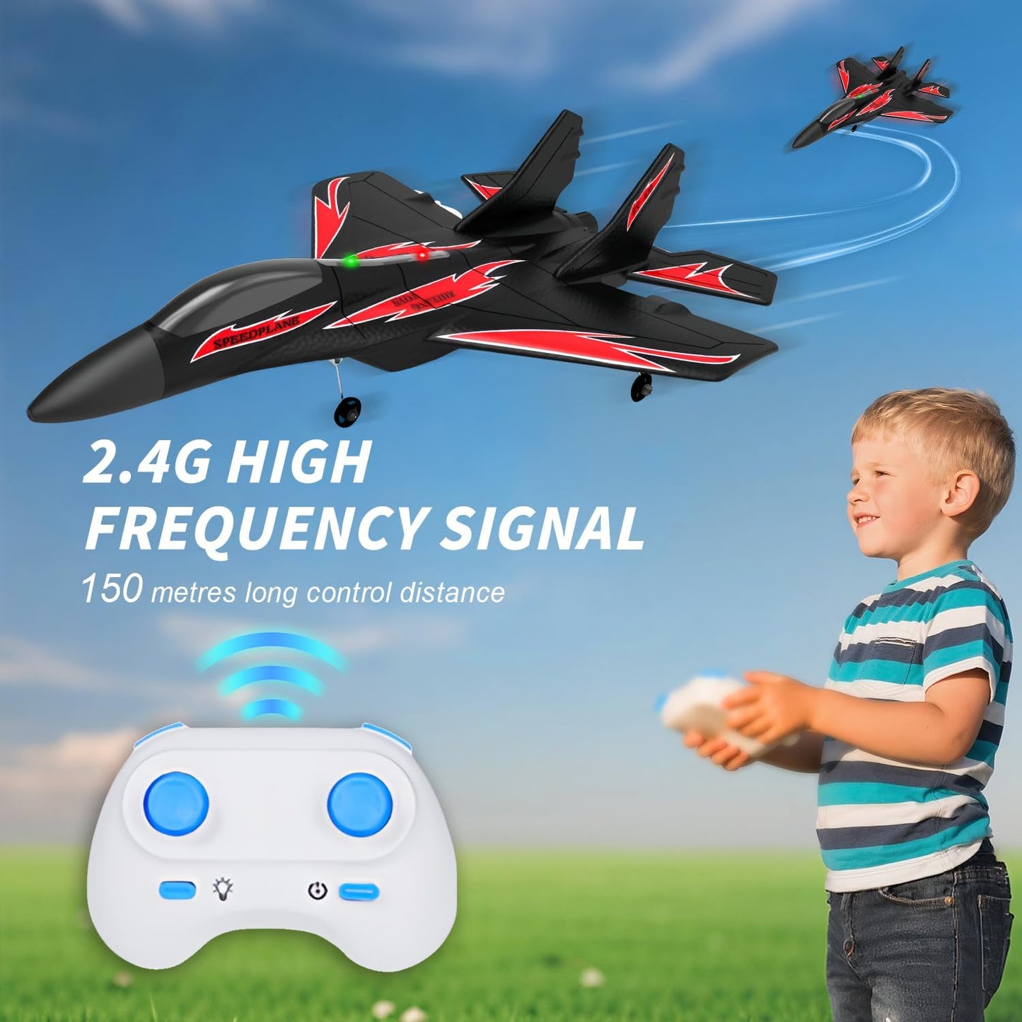 QFCST Foam Remote Control Wireless Airplanes RC Planes, Remote Control Fighter Toys, 2CH 2.4Ghz RC Fighter Jet with Light, Hobby Rc Airplanes Easy to Fly for Kids Boys Adults(Black)
