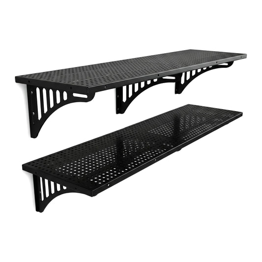 bebeikim 4 Pack Garage Wall Shelving Heavy Duty - 1.4 x 4 Foot Wall Mounted Storage Shelves with Built-in Hooks, Floating Shelves for Garage Organization, Tool Storage Rack, Black Metal Shelving