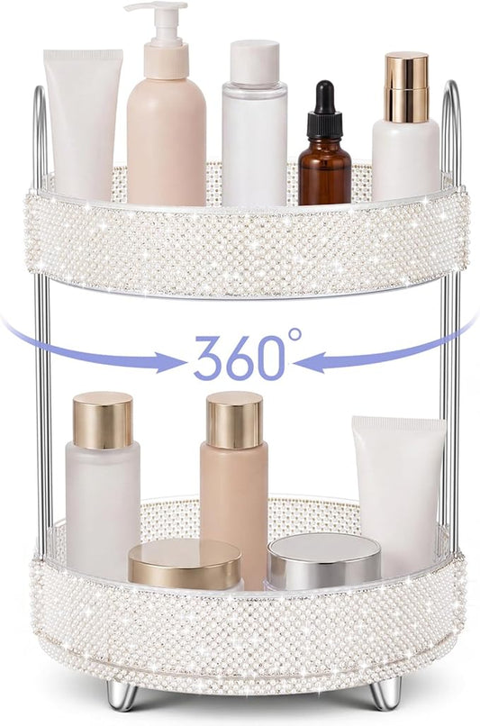 Honeydak 360 Rotating Perfume Organizer Gift for Women, Rhinestone Preppy Skincare Organizer Bathroom Counter Makeup Holder Skincare and Perfume Storage for Cosmetic(2 Tiers,Pearl,White)