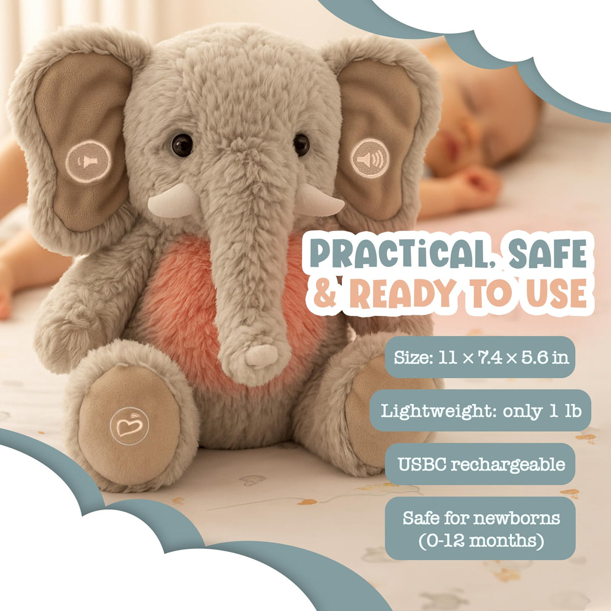 Gemma Joy Baby Sleep Soother Elephant for Baby – Cry Activated Heartbeat Stuffed Animal – Rechargeable Crib Soother with White Noise, Shush, Lullabies & Night Light – The for Newborns