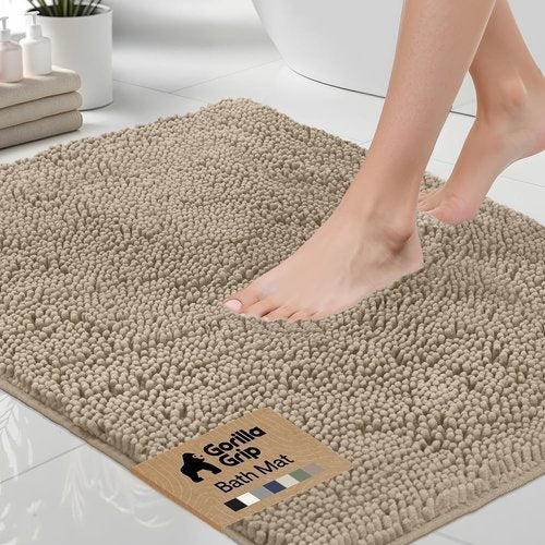 GORILLA GRIP Bath Rug Mat - Thick Absorbent Chenille | Quick-Dry Microfiber, 60x17 Inches, Gray Beige
