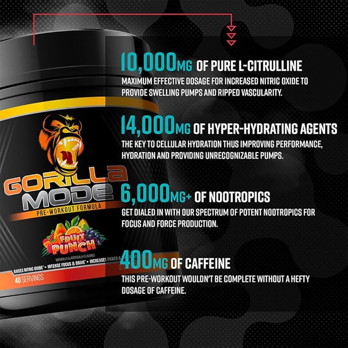 Gorilla Mind Pre Workout - Massive Pumps Laser Focus Energy Power - L-Citrulline, Creatine, L-Tyrosine, Betaine, Hydroprime, Alpha-GPC, 400mg Caffeine, Huperzine A - 796g (Orange Rush)