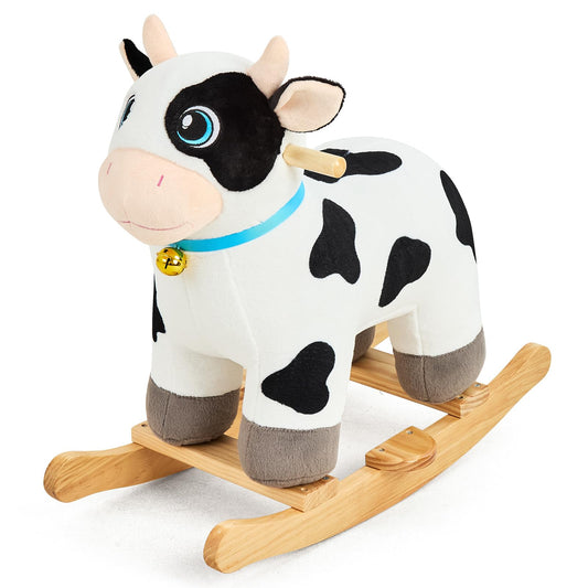 FUNLIO Cow Rocking Horse Ages 1-3, Adorable Baby Rocking Horse with Cuddly Head, Bright Sparkling Eyes & Jingling Bell, Stuffed Plush Ride-on Baby Rocker, Easy to Assemble, CPC & CE Certified